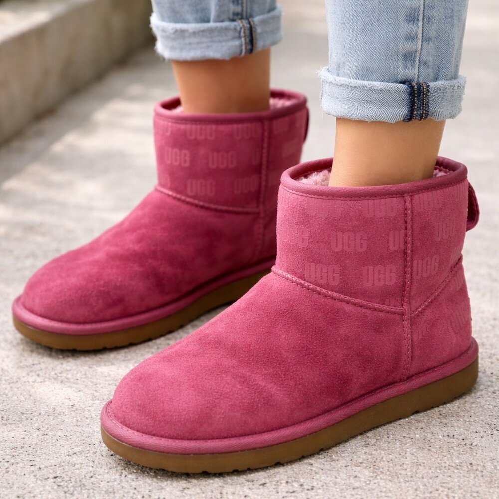 UGG Classic Mini boots in pink suede, women’s size 5. Features signature sheepsk